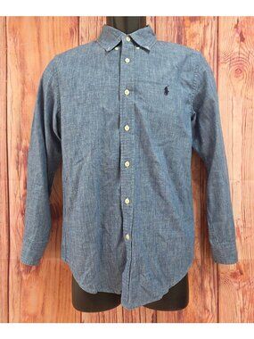 Ralph Lauren Boys Chambray Button-Down Shirt L (14-16) Classic Fit Denim Blue